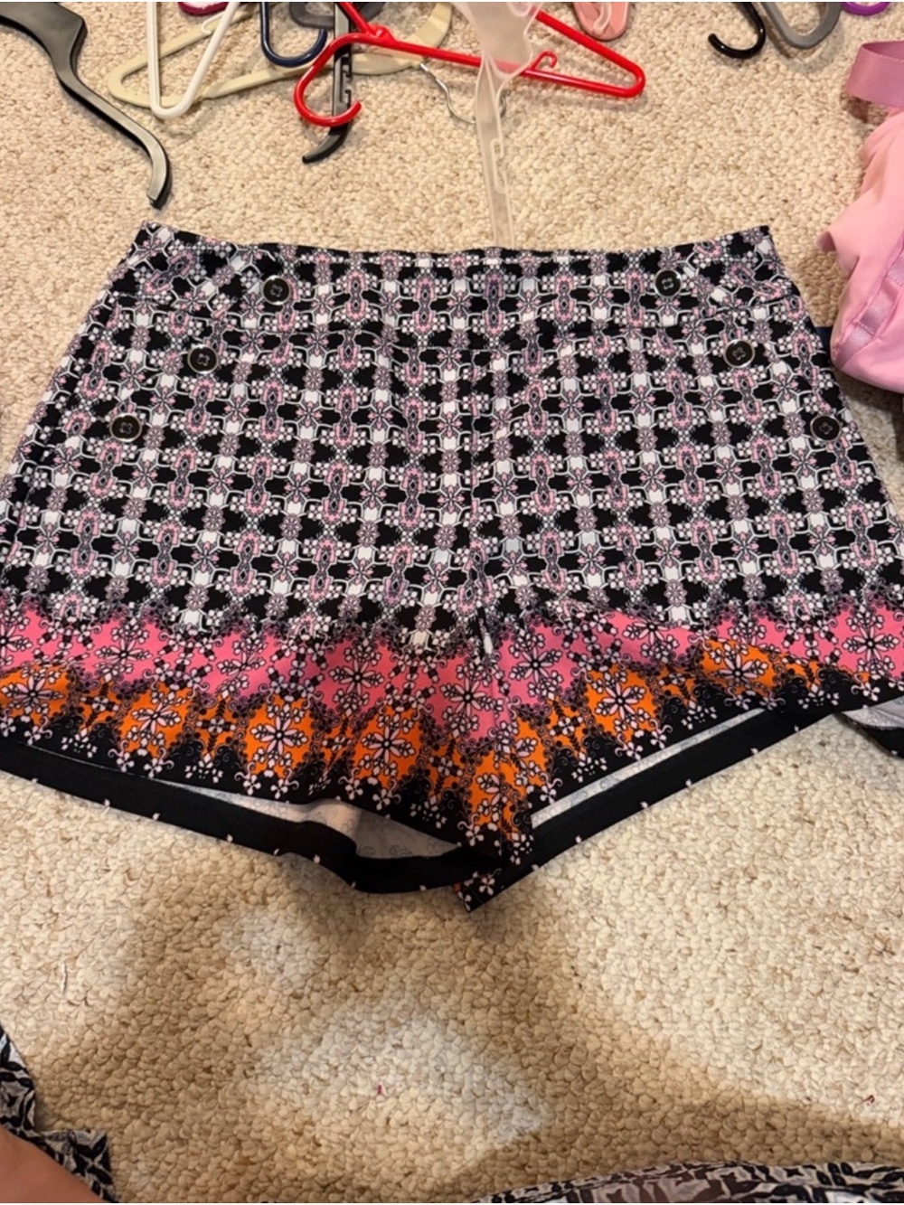 Printed Black, Pink & Orange High Waisted Women's Shorts